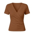 thumbnail image 6 of Women's V Neck Ruched Elegant Solid Color Waist Slimming Short Sleeve T Shirt,Summer Casual Tops for Daily Wear,Vacation,Dating,Lightweight Breathable Tee Blouse Brown L, 6 of 6