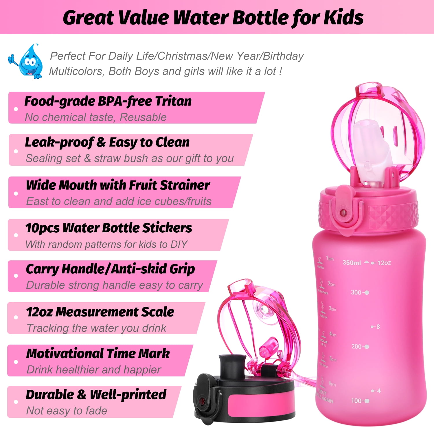 OLDLEY Kids Water Bottle for School, 12 oz (Straw Lid) BPA-Free Reusable Leak-Proof Durable Tritan Plastic Water Bottles with One-Handed Opening