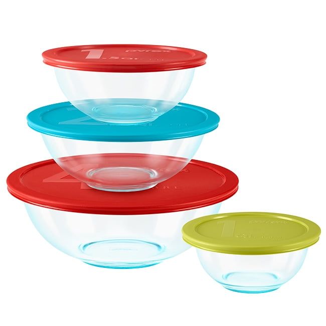 Mixing Bowls Set of 4 Round Glass Food Storage Containers W/ Color Airtight Lids 