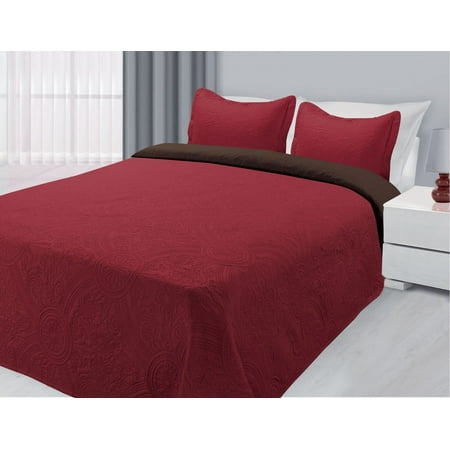 3-Piece Reversible Quilted Bedspread Coverlet Burgundy & Brown - Full