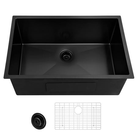 27 inch Black Undermount Kitchen Sink, Single Bowl 18 Gauge Stainless Steel Kitchen Sink with Strainer and Bottom Grid