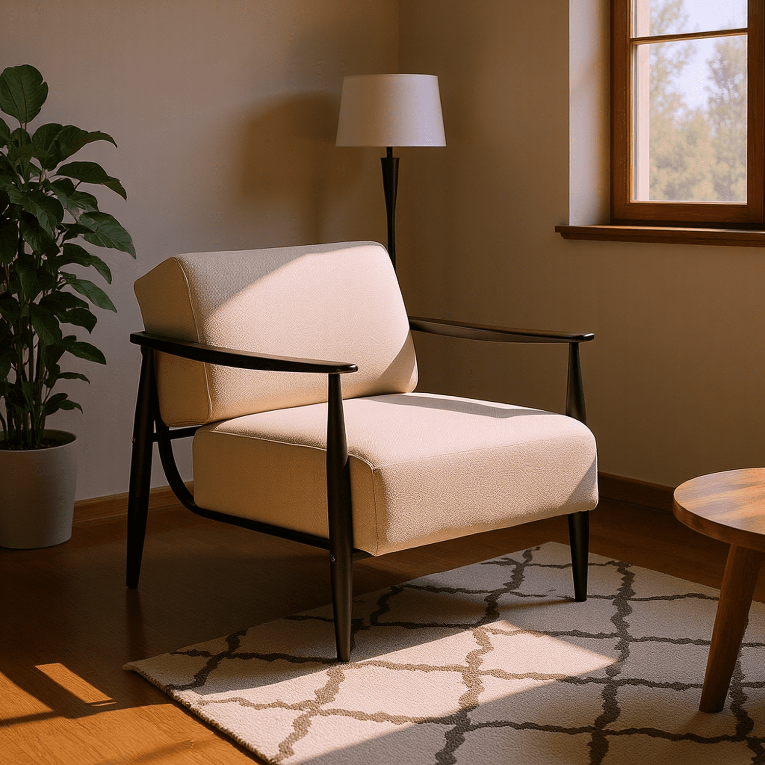 Homy Casa Mid-Century Accent Chair with Dark Wood Armrests, Beige Fabric Armchair