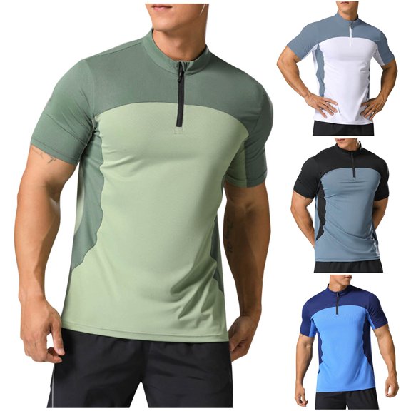 Hfnxid Mens Quick Dry Shirt Lightweight Color Block Short Sleeve Shirt Stretch Zipper Sports Shirts Moisture Wicking Athletic Gym Running Tops Blue S