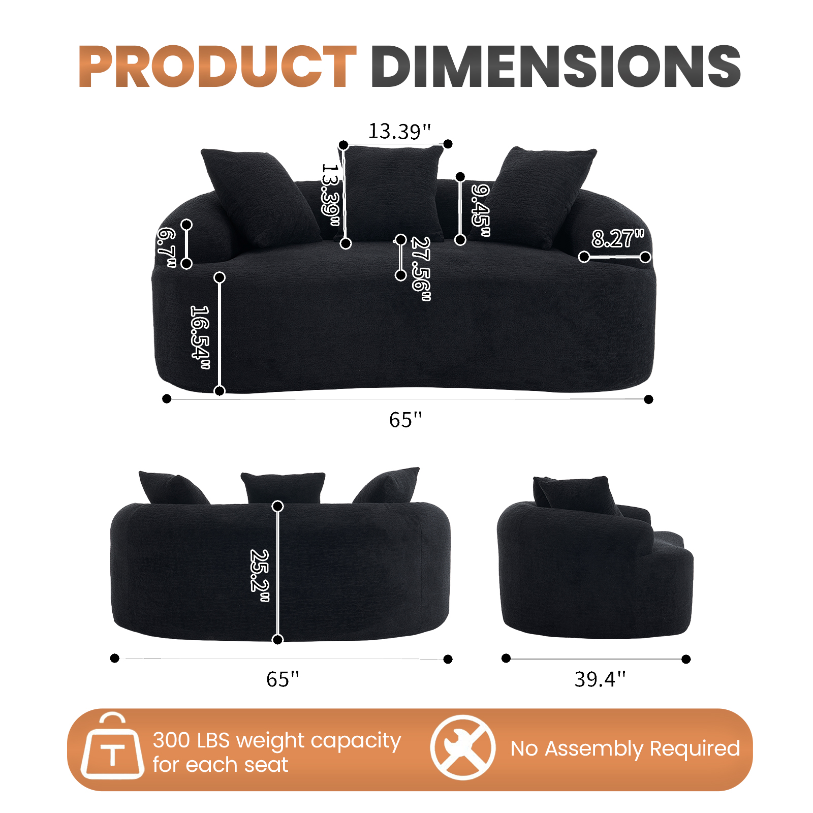Loveseat Sofa, 65" Modern Minimalist Curved Loveseat Couch 2 Seat No Assembly Deep Seat Sofa with 3 Pillows for Living Room and Small Spaces, Black