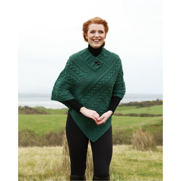 Aran Woollen Mills Poncho 100 % Soft Merino Wool Women`s Irish Cape with  Buttons and Herringbone Pattern Made in Ireland 