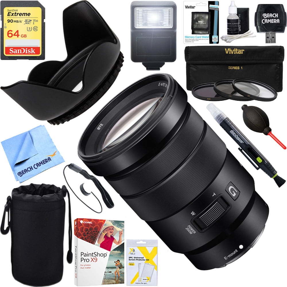 Sony (SELP18105G) Photography 18-105mm Lens Power f/4 & Ultimate + 64GB Zoom PZ Flash Bundle Filter OSS G E
