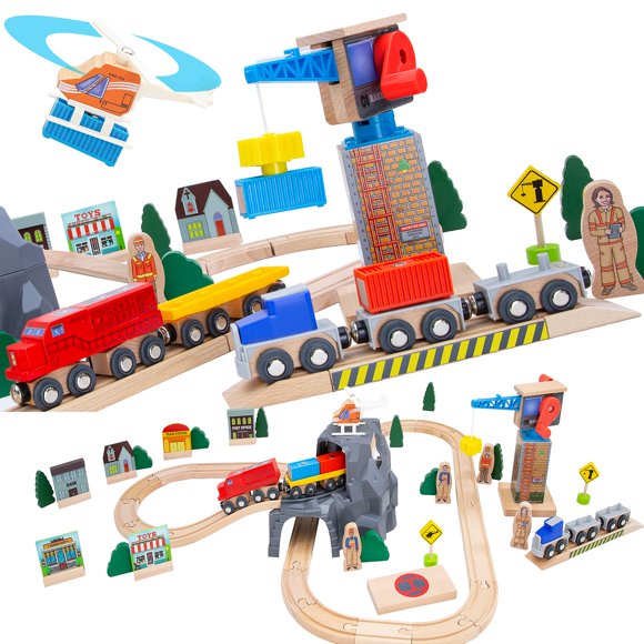 ORBRIUM Lift and Load Wooden Train Set with Magnetic Crane, Magnetic Helicopter, Large Diesel Engine, Semi-Truck, Shipping Container Flat Car Co