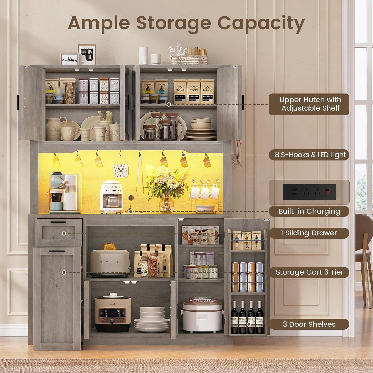 Farmhouse Pantry Cabinet, Tall Kitchen Pantry Storage Cabinet with Power Outlets & Microwave Stand, 47.3" Wide Large Kitchen Cabinet with Drawer, Storage Cart & 3 Door Shelves for Dining Room, Grey