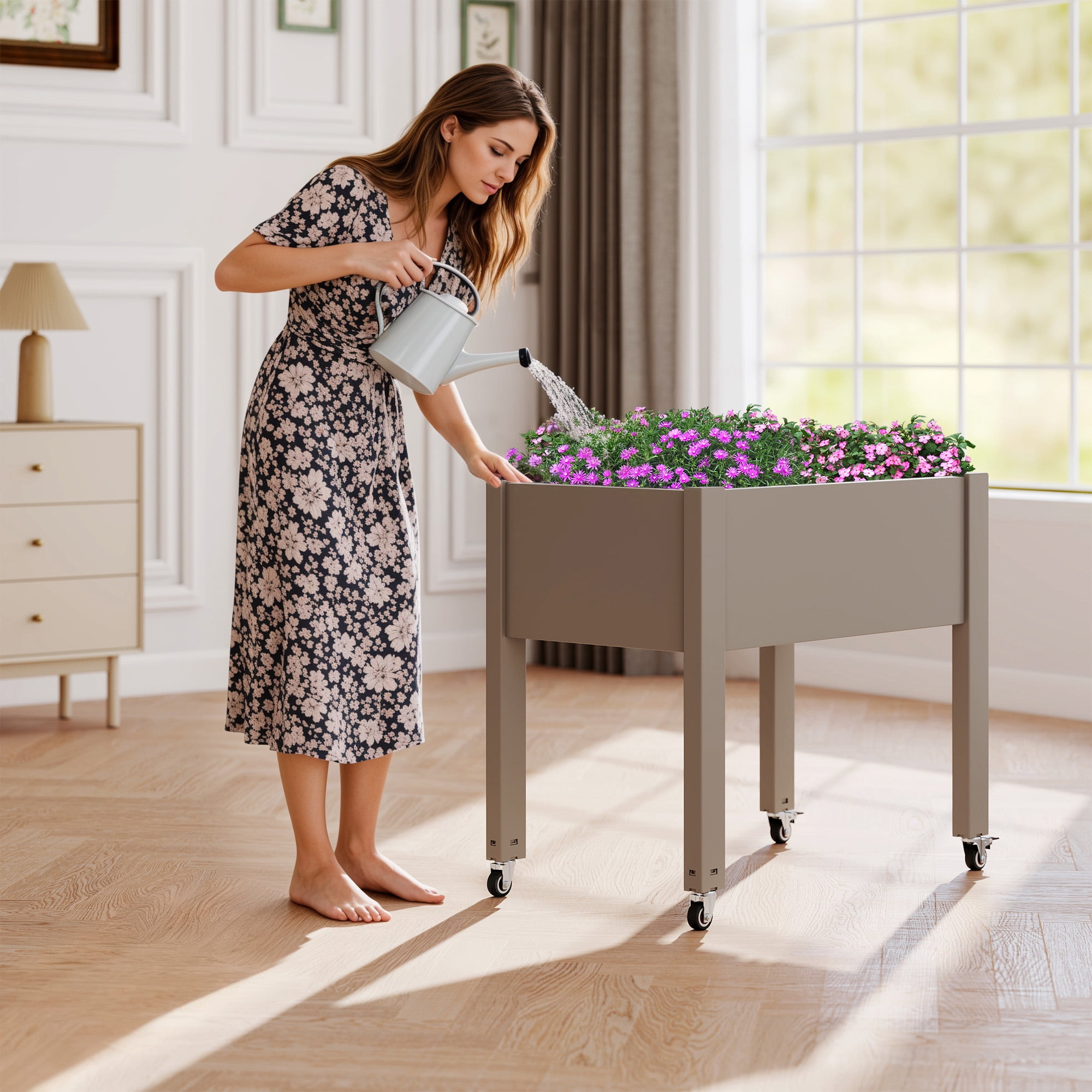 Raised Garden Bed - Outdoor Elevated Planter with Weatherproof Resin, Effective Drainage & 4 Swivel Wheels for Backyard, Patio and Balcony, Grey