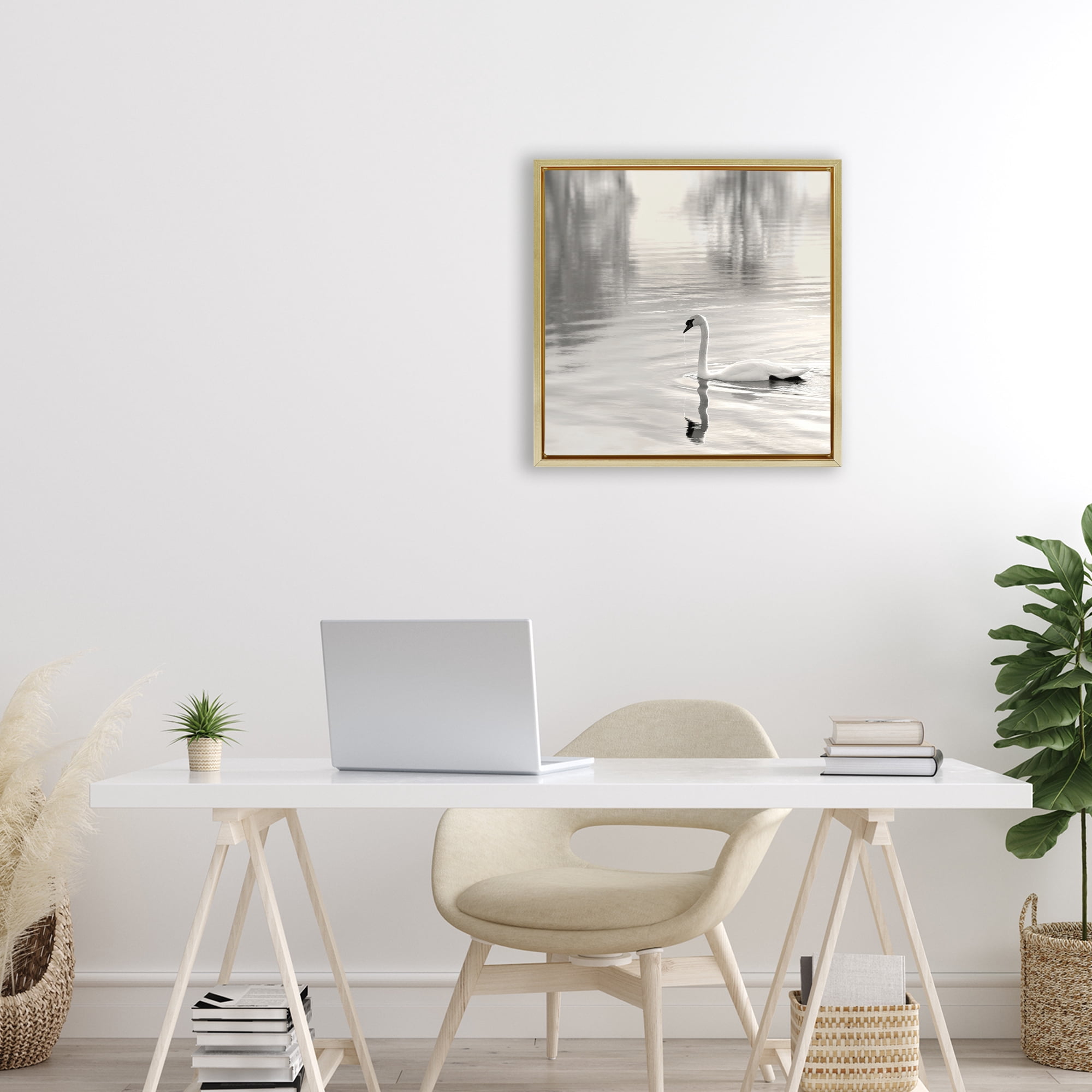 Stupell Industries Morning Sunlit Swan Gold Framed Floater Canvas Wall Art, design by Nicholas Bell