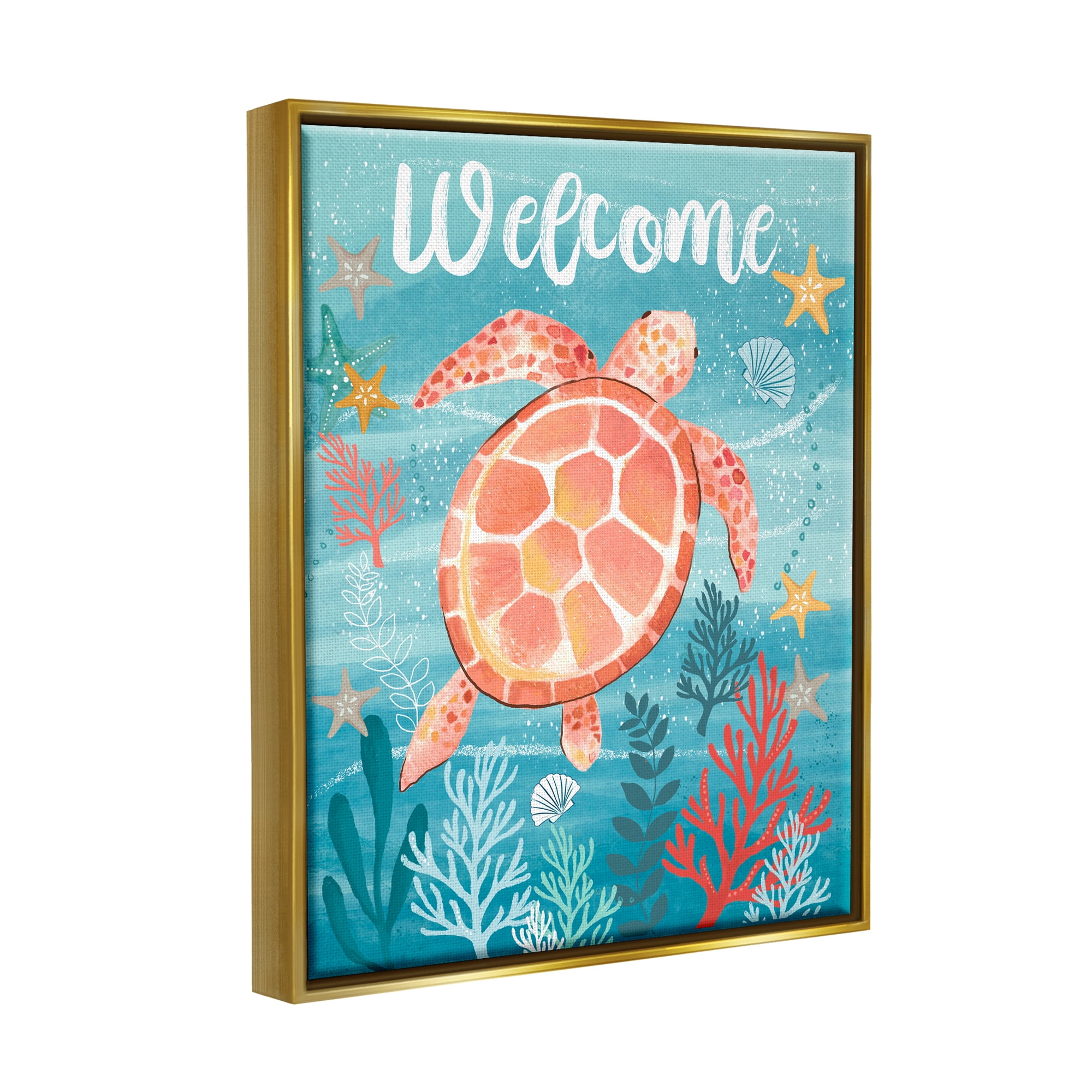 Stupell Industries Welcome Underwater Turtle Scene Animals & Insects Painting Gold Floater Framed Canvas Art Print Wall Art, 25 x 31