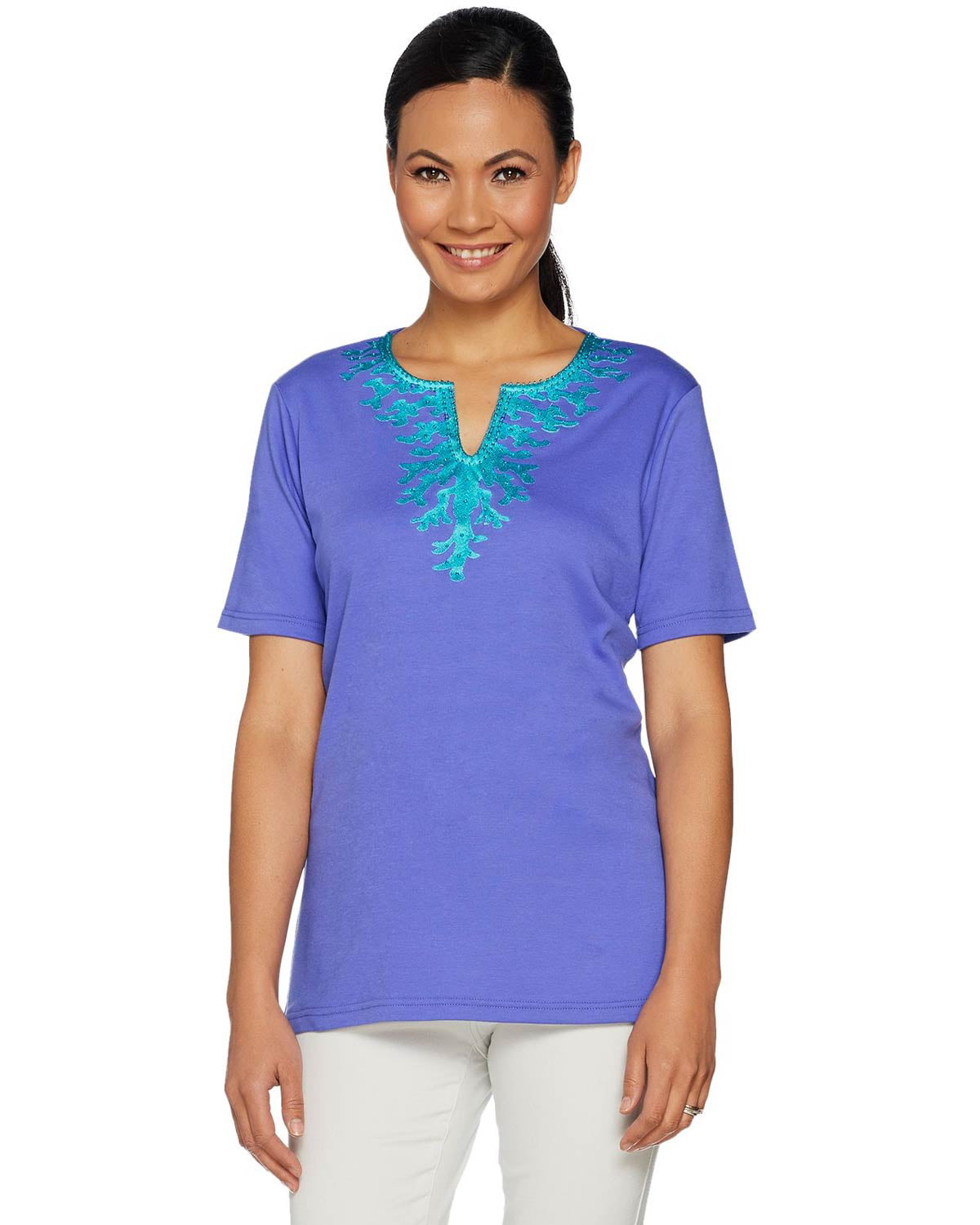 Quacker Factory - Quacker Factory Womens Short Sleeve Coral Embroidered ...
