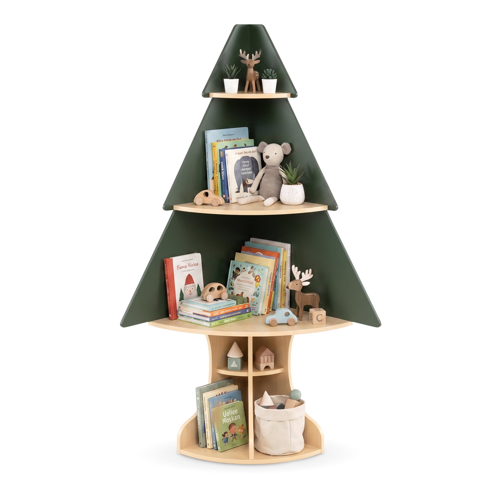Costway Corner Tree Bookshelf with Toy Storage Organizer Wooden Montessori Toddler Bookcase