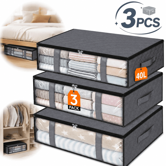 Genreen Storage Bins,3-Pack Clothes Storage, Foldable Blanket Storage Bags, Under Bed Storage Containers for Organizing, Clothing, Bedroom, Comforter, Closet, Dorm, Quilts, Organizer, Grey