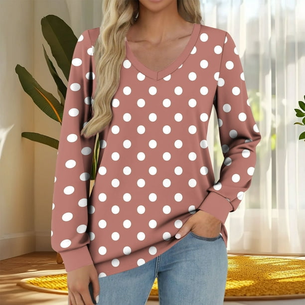 Heisall Womens Tops Long Sleeve V-Neck Loose Casual Tshirts Polka Dot Print Spring Autumn Fashion