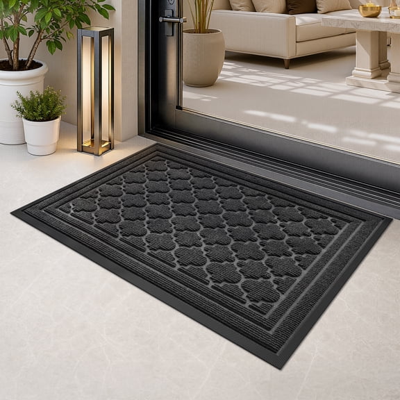 PABUBE Small Outdoor Doormat, Weatherproof Low Profile Outdoor Mat,Heavy Duty Non-Slip Welcome Mat, Dirt Trapper Washable Entry Rug for Front Doors Entryway,17"X29",Black
