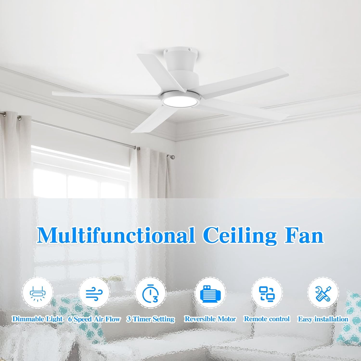 44 Inch White 5-Blade Modern Ceiling Fan, 3CCT Dimmable LED Light, Reversible DC Motor, Remote & 2/4/8H Timer for Bedroom Living Room Kitchen
