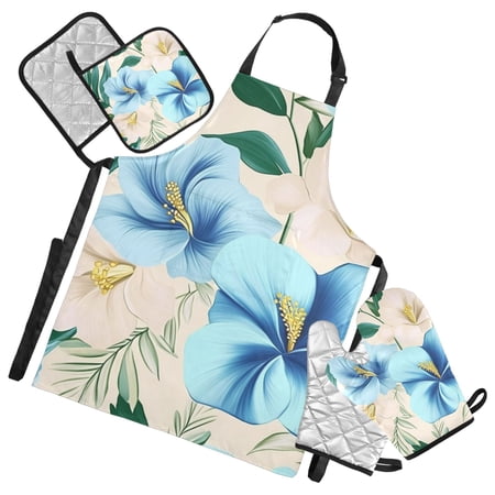 Blue Floral Beige Background Oven Mitts and Pot Holders with Chef Apron Set 5 Pcs Kitchen Cooking Set
