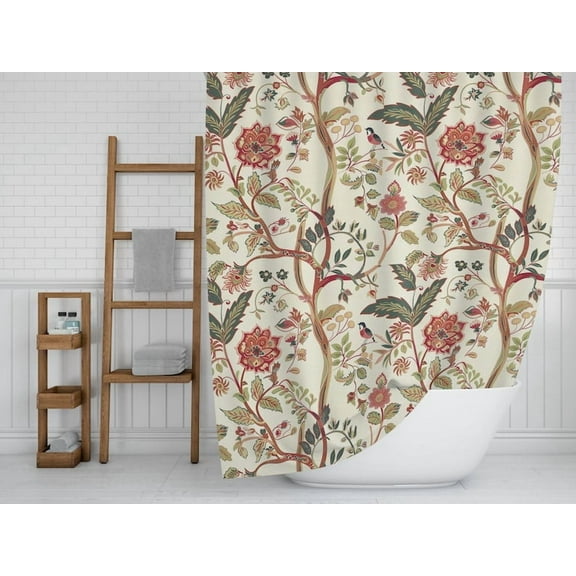 Vintage Tree of Life Shower Curtain Florals (Cream & Red), Chickadee Birds Design, Maximalist Bathroom Decor, Antique Tapestry Shower Curtain 60x72in