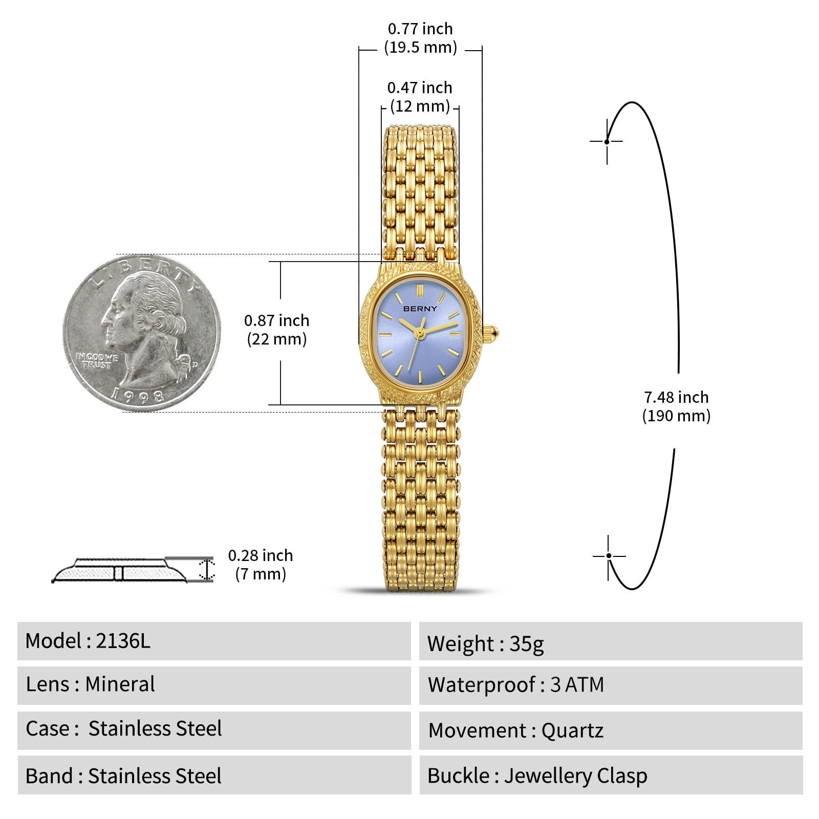 BERNY Small Gold Watches for Women, Dainty Vintage Oval Dial Stainless Steel Bracelet Watch, Adjustment Tool Included, Waterproof, Minimalist Luxury Ladies Analog Quartz Wrist Watch (Light Purple)