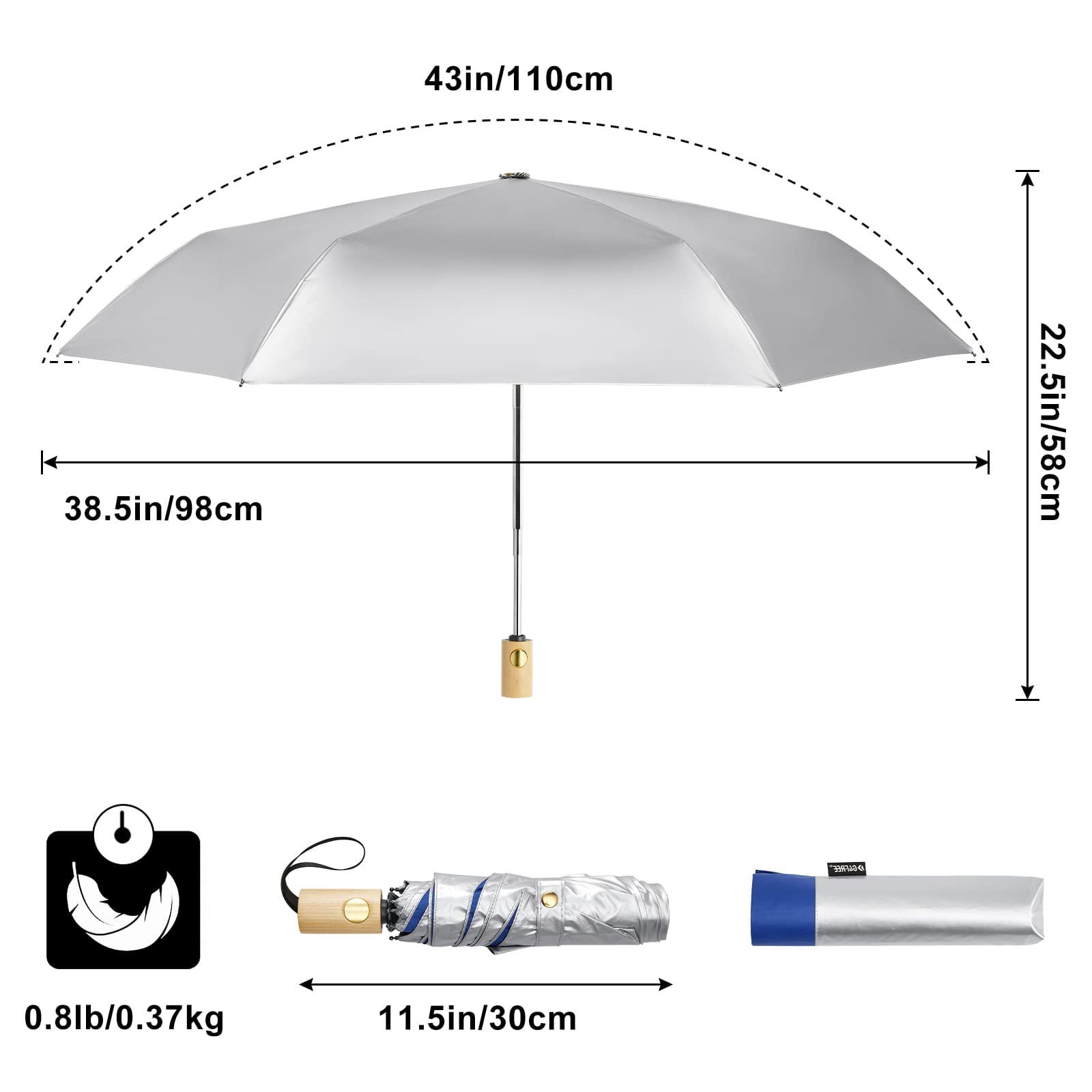 G4Free UPF 50+ UV Protection Travel Umbrella with Wooden Handle, 42 Inch Lightweight Sun Rain Folding Umbrellas Auto Open Close