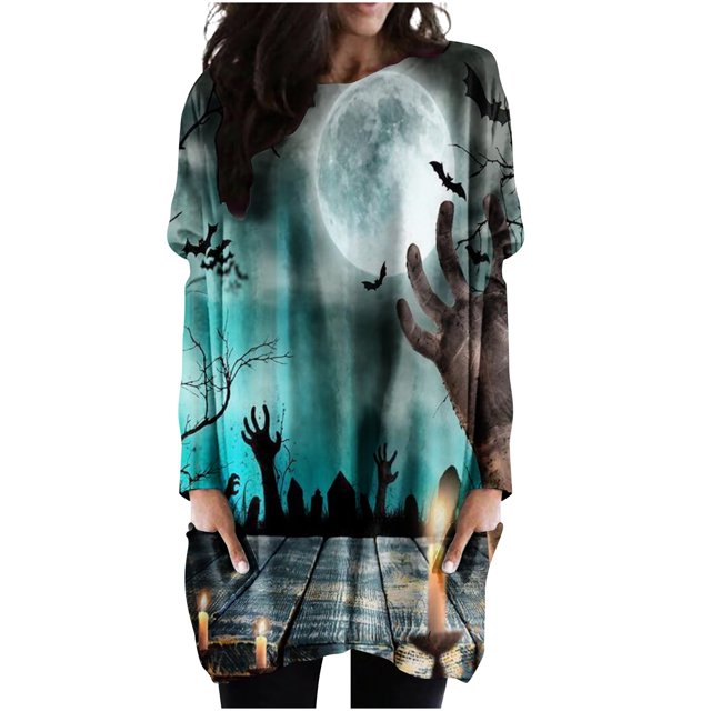 Vestido suelto de manga larga con estampado de Halloween y cuello redondo para mujer de talla grande de otoño Pompotops hdfakjf3284