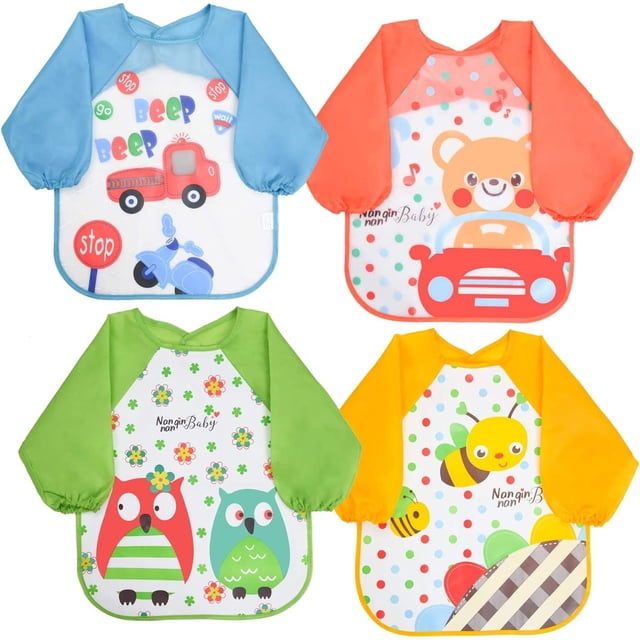 Babero impermeable de manga larga, juego de 4 piezas para bebé, delantal para comer, jugar y pintar, babero impermeable unisex para bebés de 6 meses a 3 años.