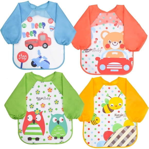 Babero impermeable de manga larga, juego de 4 piezas para bebé, delantal para comer, jugar y pintar, babero impermeable unisex para bebés de 6 meses a 3 años.