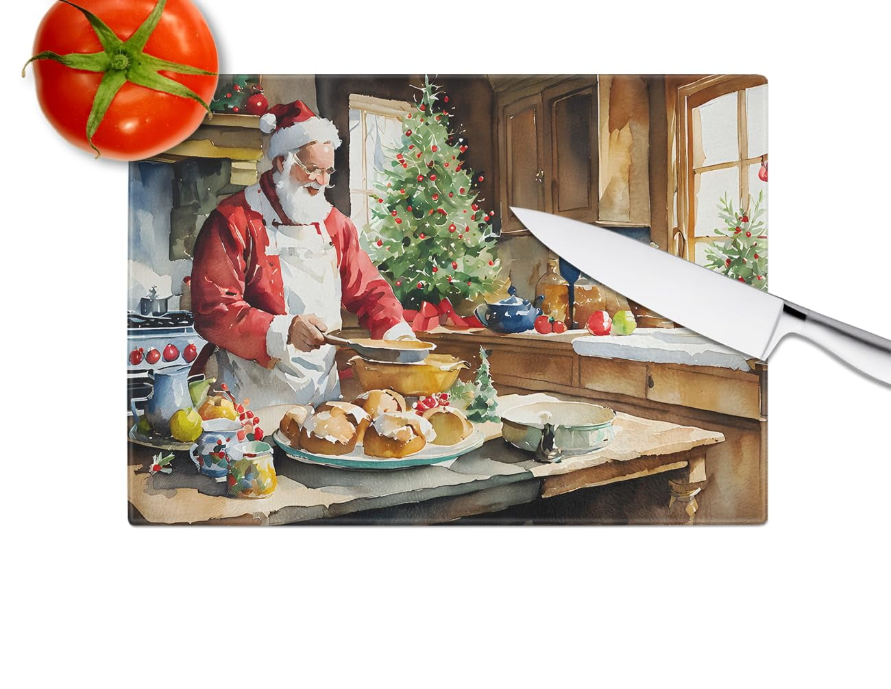 Cookies with Santa Claus Glass Cutting Board Large 12 in x 15 in