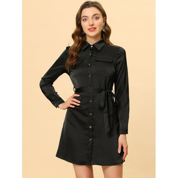 Allegra K Women s Shirtdress with Belt Casual Button Down Satin