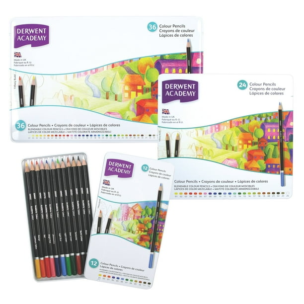 Derwent Academy Color Pencils - 3.3 mm Lead Diameter - Acid Yellow, Cadmium Yellow, Orange, Deep Red, Red, Rose, Bright Pink, Purple, Ultramarine, Light Blue, Blue, ... Lead - Wood Barrel - 24 / Set