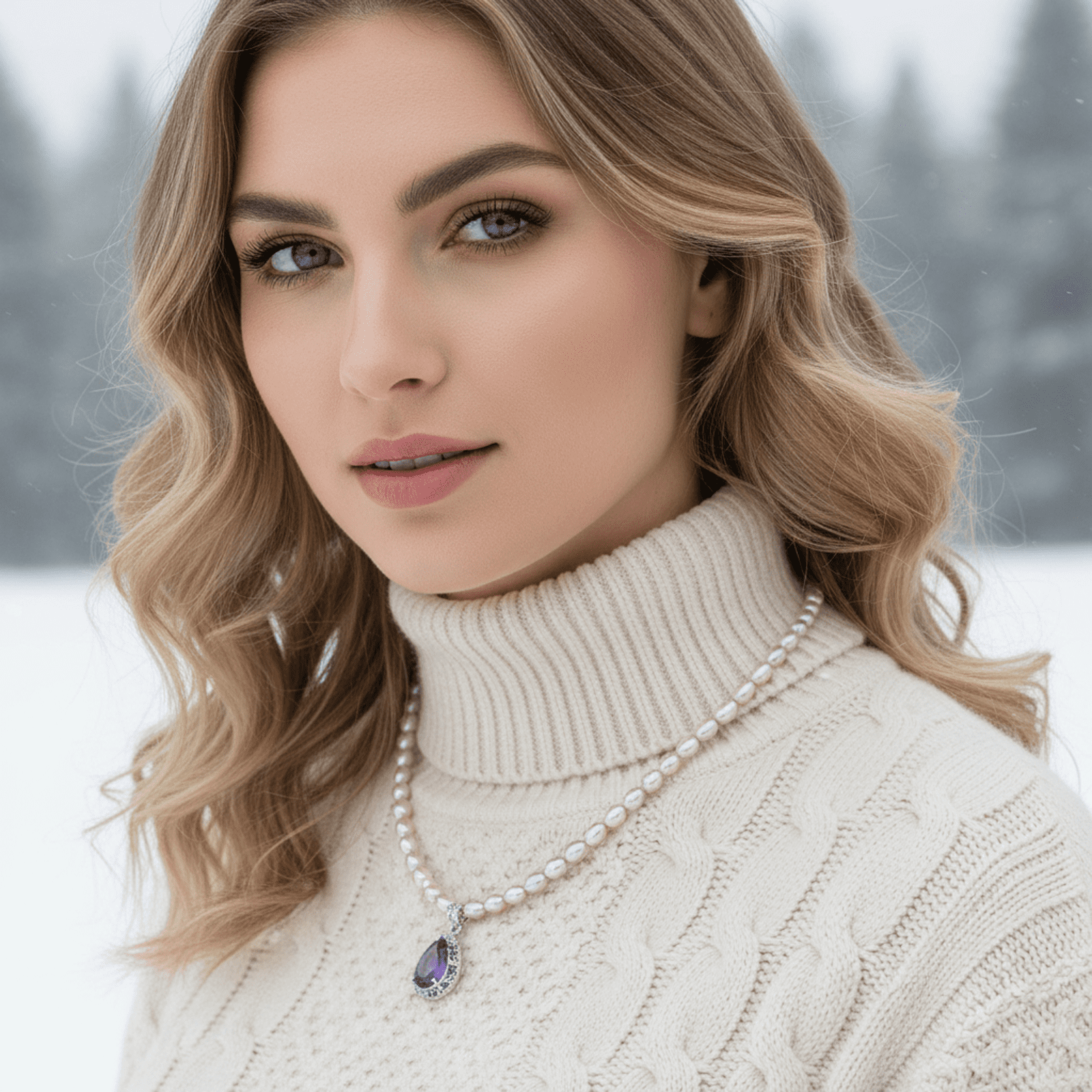 BAMIKI 3-4mm Purple  Cultured Pearl Necklace with Purple Zircon Pendant, 925 Sterling Silver Adjustable Chain, Elegant Jewelry Gift for Women
