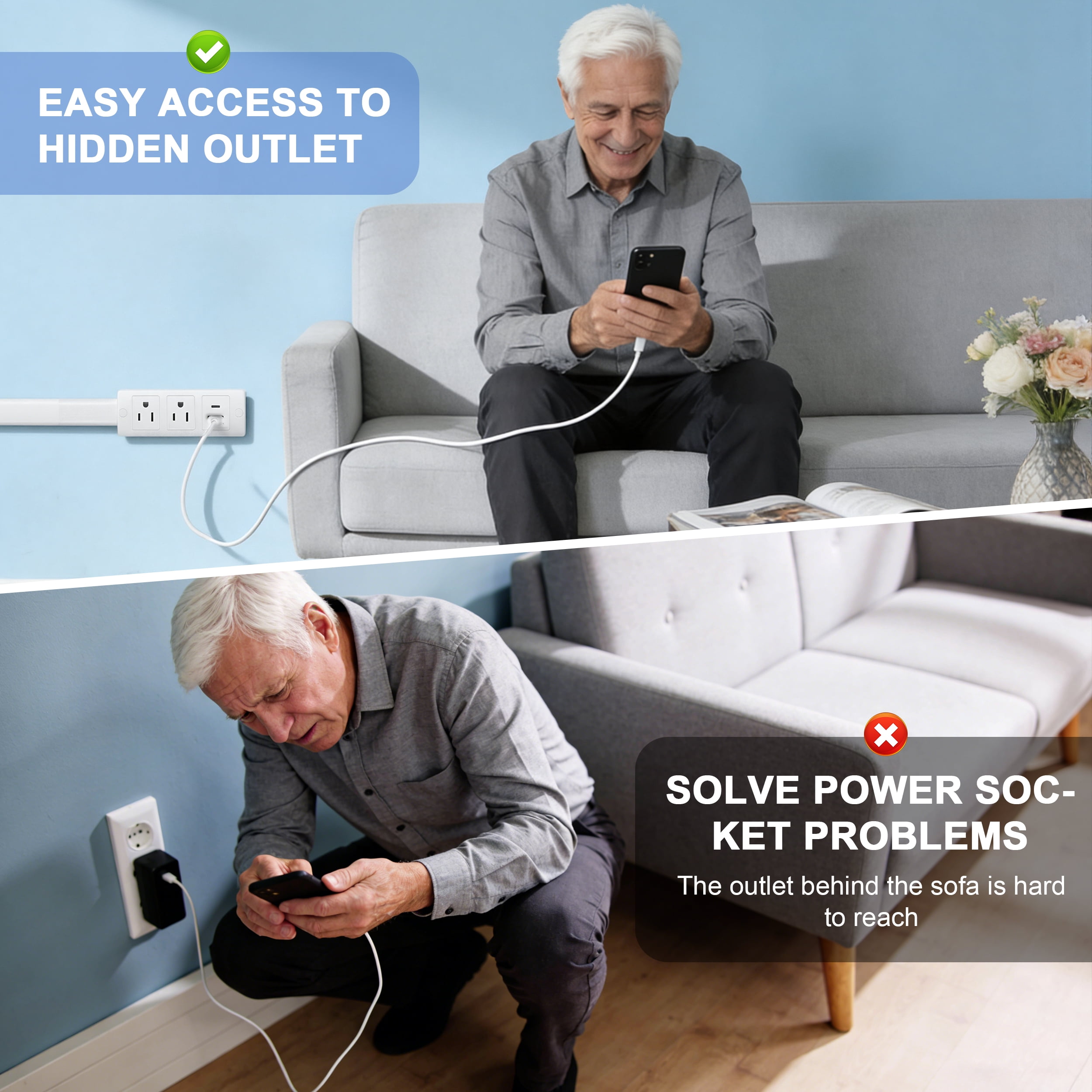 ALILYY Outlet Extender Stick Electrical Outlet Extender Wall Plug Features 3 USB-A,USB-C and 3 AC Outlets,18-27" Adjustable 360° Rotating for Hard to Reach Places,Behind Couch, Nightstand, Desk