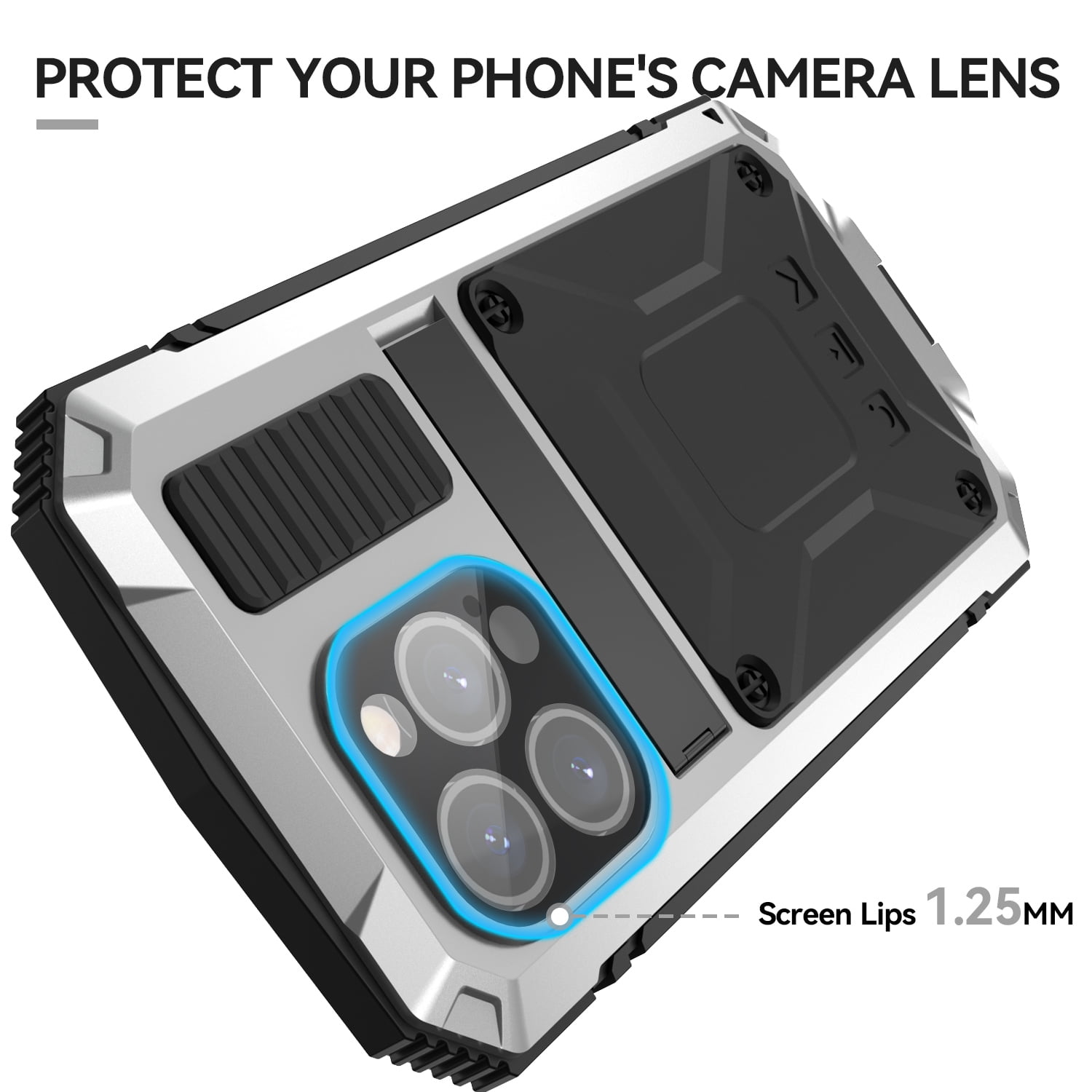 Dteck for iPhone 15 Pro Case,Outdoor Sports Military Heavy Duty Metal Cover Shockproof Dustproof Full Body Case with Built in Tempered Glass Screen Protector Hybrid Kickstand Cover, Silver