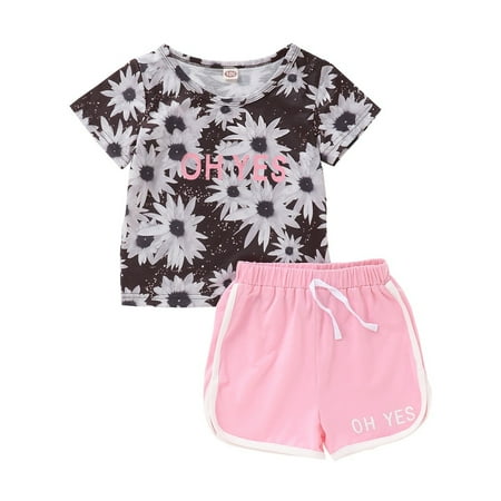 

OLLUISNEO 4-5T Toddler Baby Girls Summer Shorts Outfits Floral Print Crew Neckline Short Sleeve Top Elastic Shorts 2 PCS Set