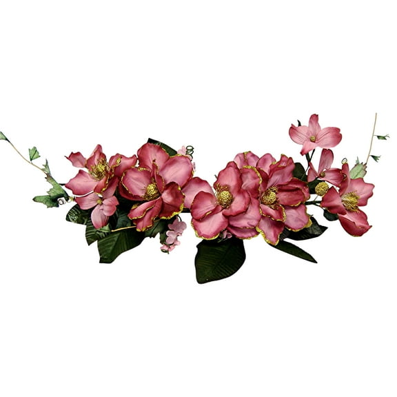 Deep Blush Pink Magnolia Gold Trimmed 30in Artificial Polysilk Faux Fake Flower Hand Wrapped Swag for Craft Home Bouquet Arrangement Ceremony Wedding Arch Floral Wall Aisle Decor (Mauve, Set of 2)