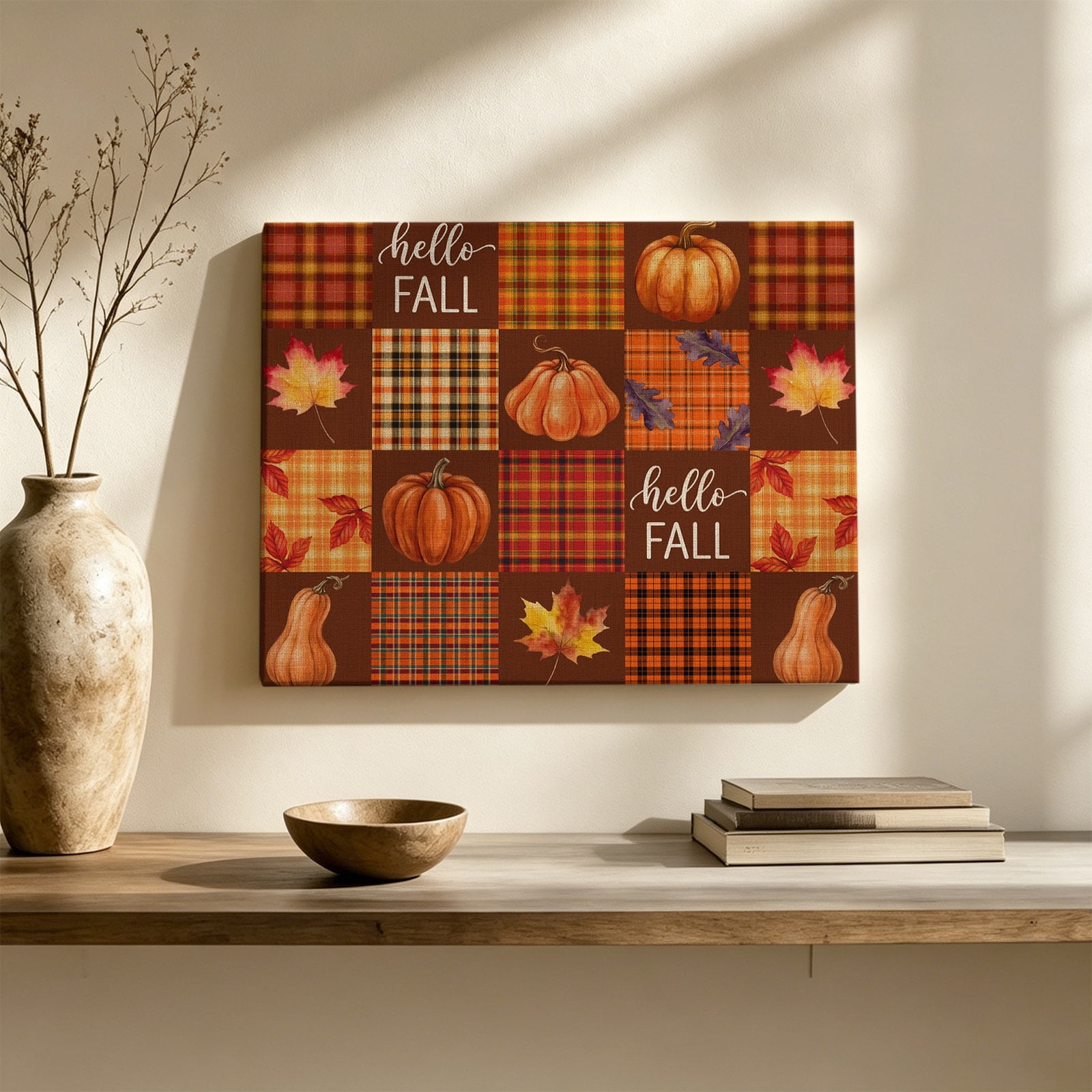 Hello Fall Patchwork Canvas Wall Art Rustic Pumpkin Maple Leaf Orange Brown Plaid Wall Art Prints Artwork Framed Canvas Ready to Hang Art Pictures for Living Dining Room Bedroom Hallway 24 x 20