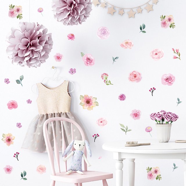 Calcomanía de pared con flores rosas de acuarela, calcomanía de pared con flores de peonía florecientes para decoración de dormitorio de niñas