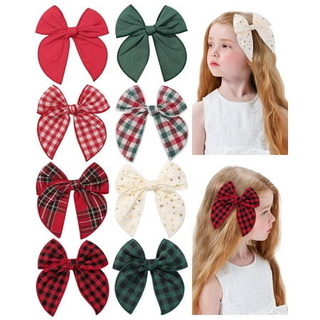 8PCS Baby Girls Hair Clips Large Christmas Fable Hair Bows Cotton Linen Bows for Girls Gingham Hair Accessories for Baby Toddlers Kids