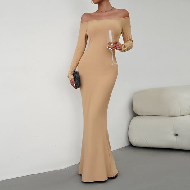 Vestido ajustado de mujer Color sólido Cuello oblicuo con hombros descubiertos Un traje de vacaciones en forma