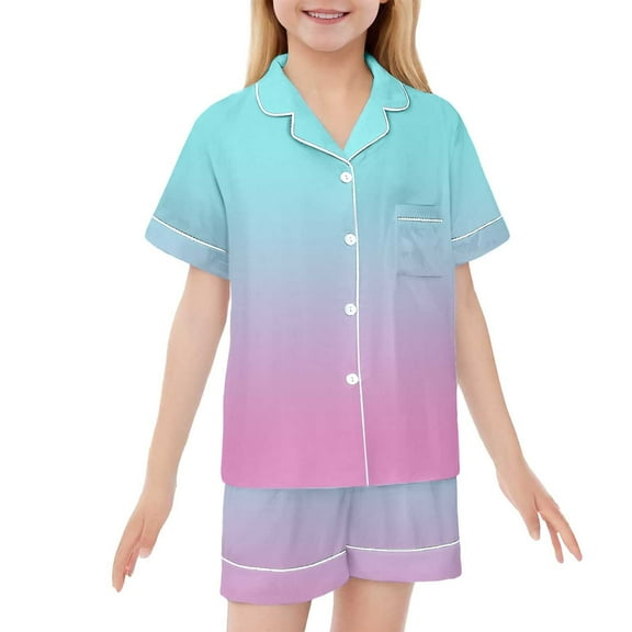 Kids Girls Silk Pajamas Set Gradient Short Sleeve Button Down Shirts Shorts Girl Summer Pajamas Girls Silk Pajamas Size 8-9 Years