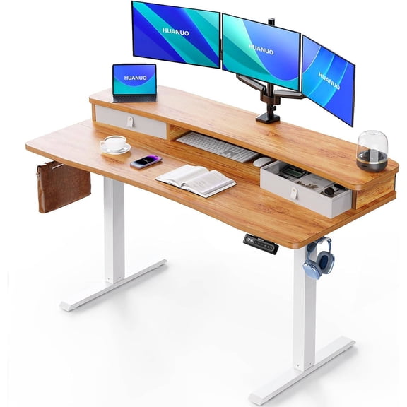55" x 26" Electric Height Adjustable Standing Desk with 2 Drawers, 4 Preset Heights