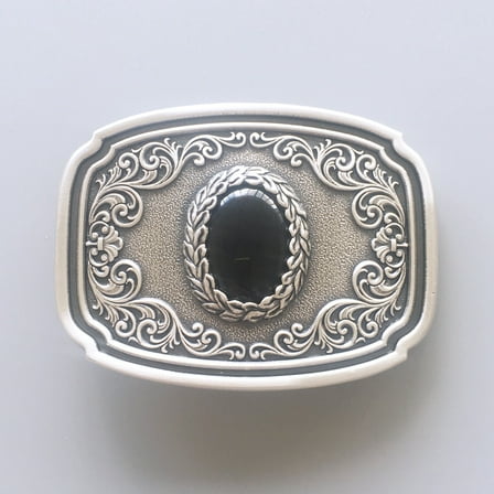 Vintage Silver Plated Nature Black Obsidian Stone Western Belt Buckle Boucle de Ceinture