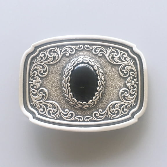 Vintage Silver Plated Nature Black Obsidian Stone Western Belt Buckle Boucle de Ceinture