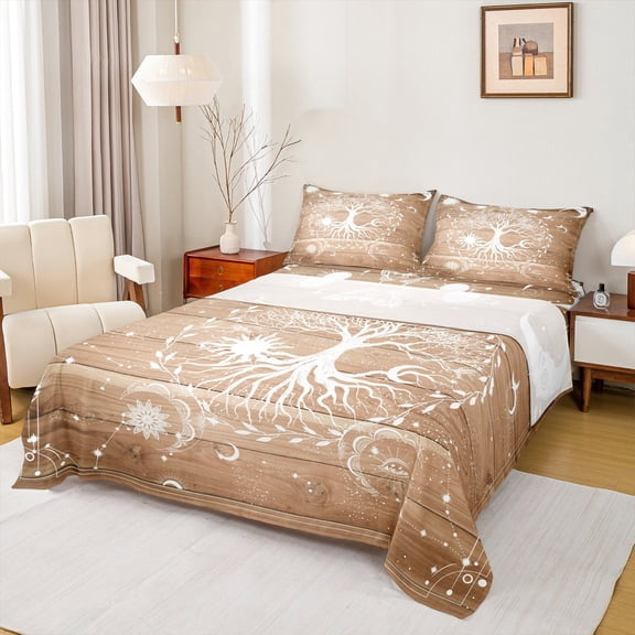 Homewish Boho Life Tree Twin Sheet Sets for Teens, Hippie Moon Stars Galaxy Twin Fitted Sheet, Rustic Wooden Cabin Flat Sheet, Breathable Home Decor, 3pcs