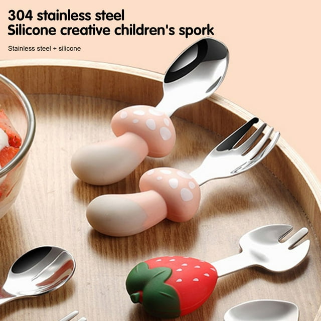 Ensemble de Vaisselle pour Enfants Résistant aux Chutes Moulure en une Pièce Apprendre à Manger Forme de Champignon en Acier Inoxydable Cuillère Fourchette Ensemble Fourniture de Salle à Manger