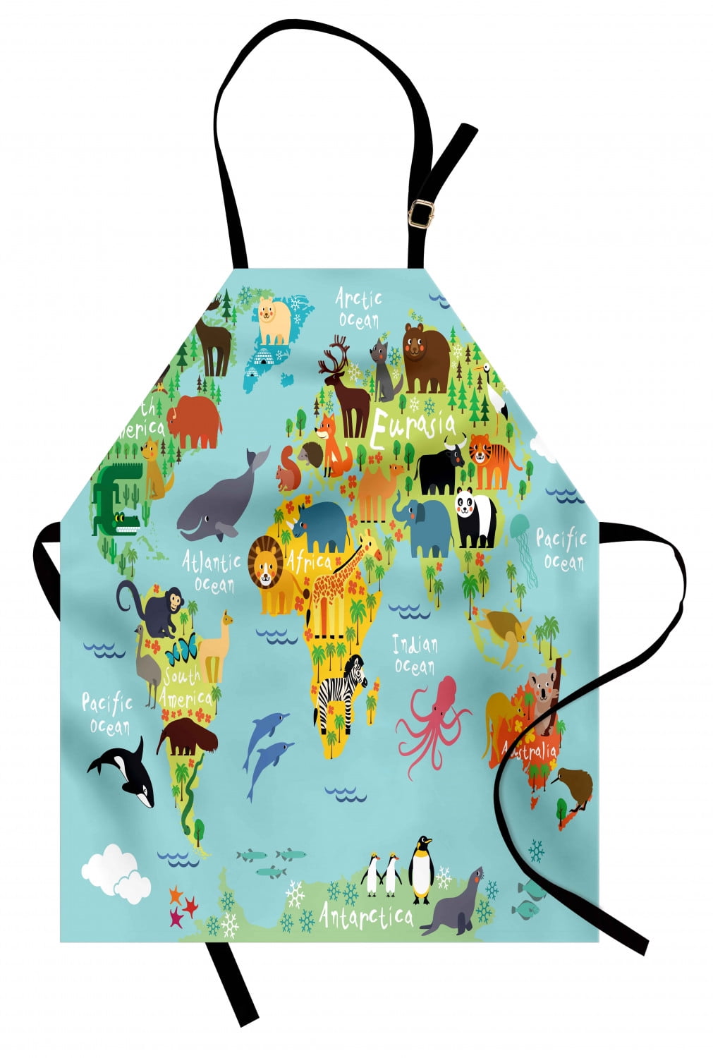 Wanderlust Apron Animal Map of the World for Children Kids Cartoon Mountains Forests, Unisex Kitchen Bib Apron with Adjustable Neck for Cooking Baking Gardening, Pale Blue Yellow Green, by Ambesonne
