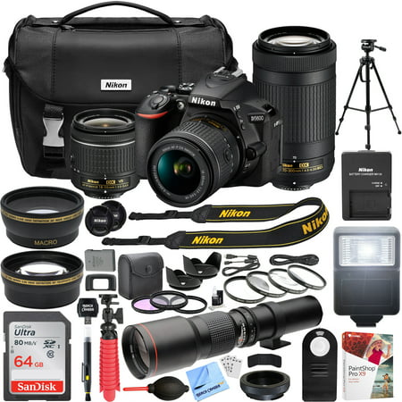 Nikon D5600 24.2 MP DSLR Camera with AF-P DX 18-55mm f/3.5-5.6G VR and 70-300mm f/4.5-6.3G ED Dual Zoom Lens Kit + 500mm Preset f/8 Telephoto Lens + 0.43x Wide Angle, 2.2x Pro (Best Wide Angle Zoom Lens For Nikon D7100)