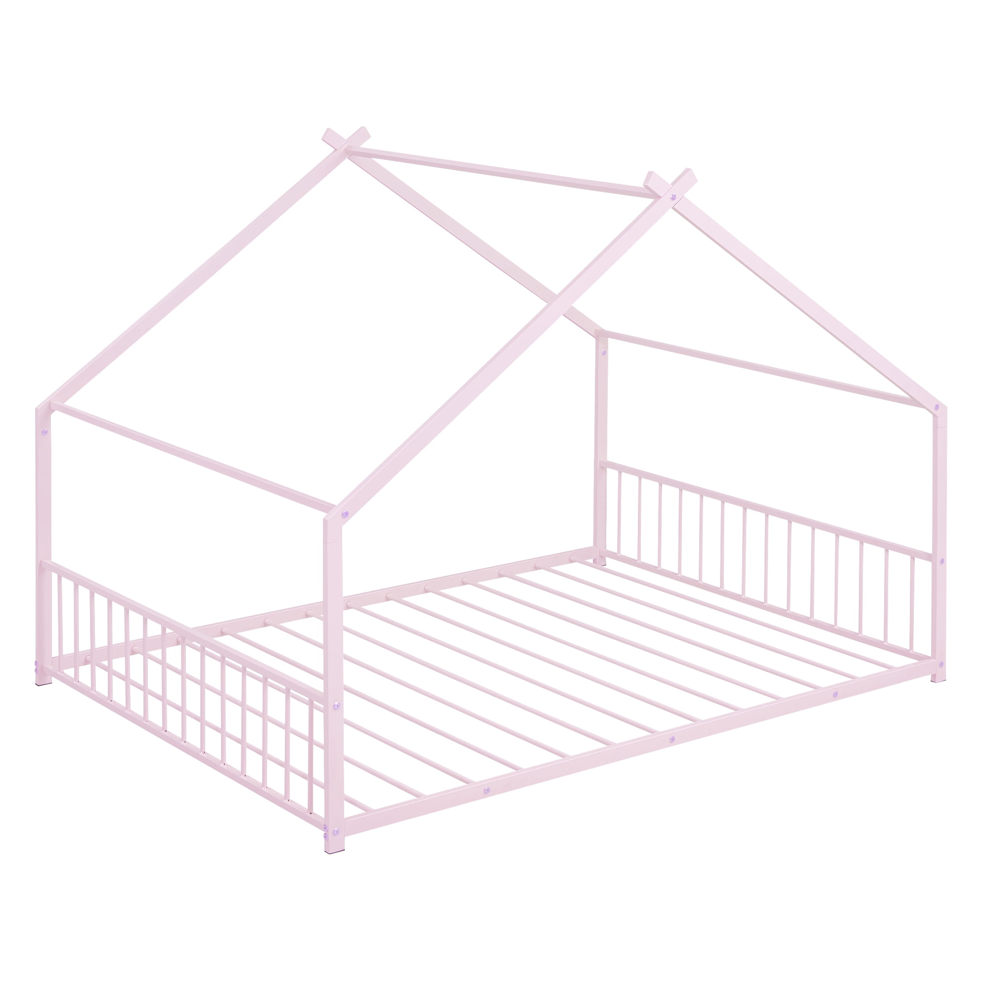 Gewnee Full Size House Bed with Roof and Fence,Metal Montessori Platform Bed for Toddle and Kids,Pink