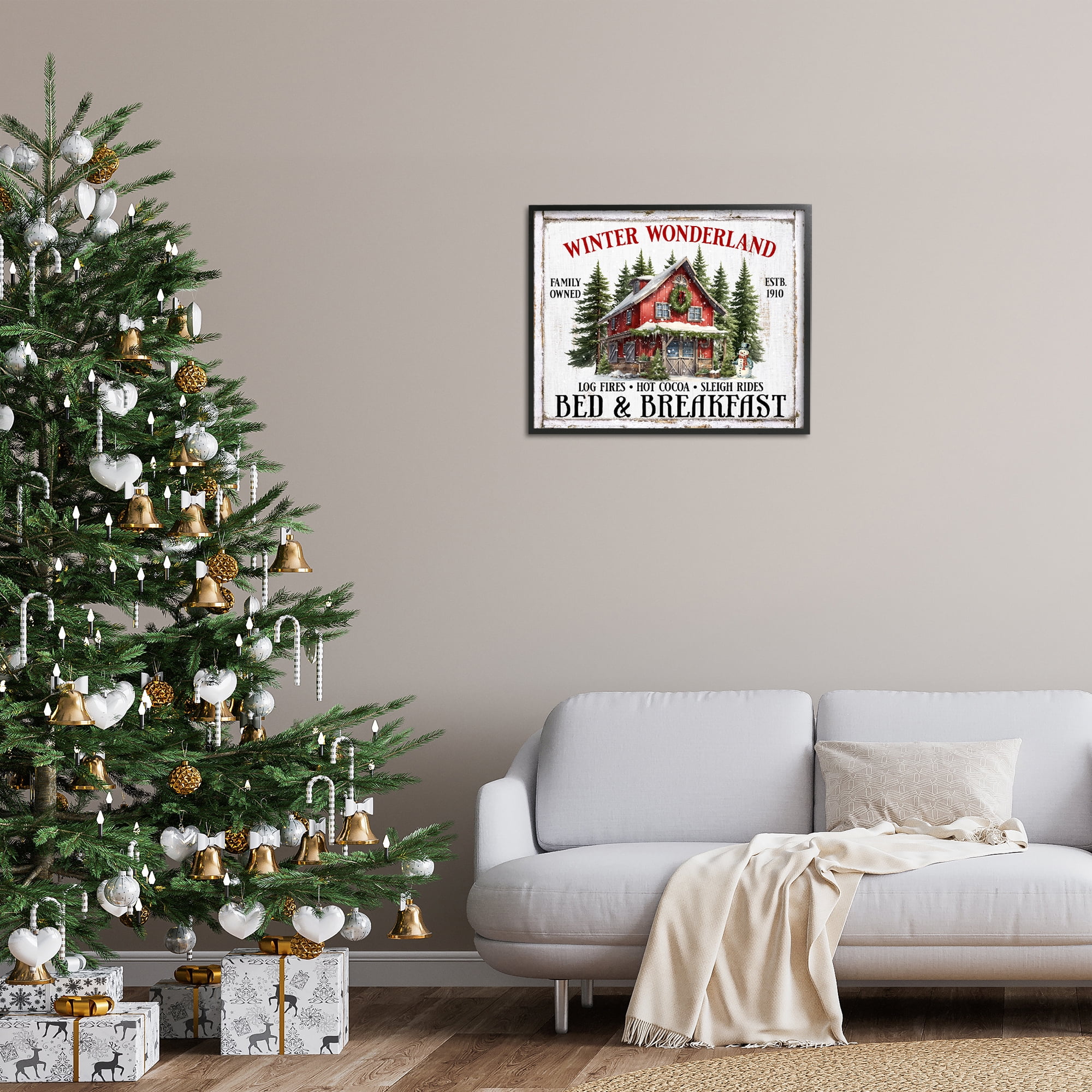 Stupell Industries Winter Bed & Breakfast Holiday Painting Black Framed Art Prints Wall Art, 30 x 24